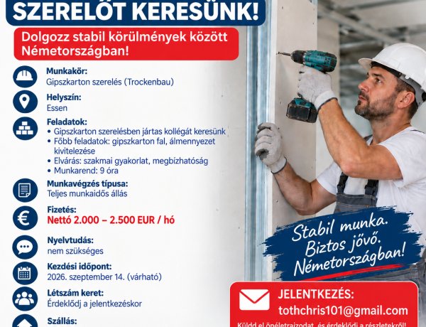 Gipszkartonszerelő – Essen, Németország – nettó 2.000–2.500 EUR/hó