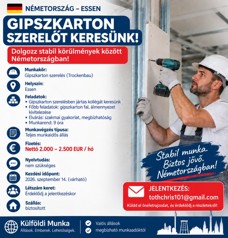 Gipszkartonszerelő – Essen, Németország – nettó 2.000–2.500 EUR/hó